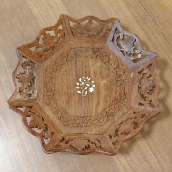 Vintage Inlaid Hand Carved Decorative Serving Bowl Vintage Wooden Tray India - Picture 2 of 8